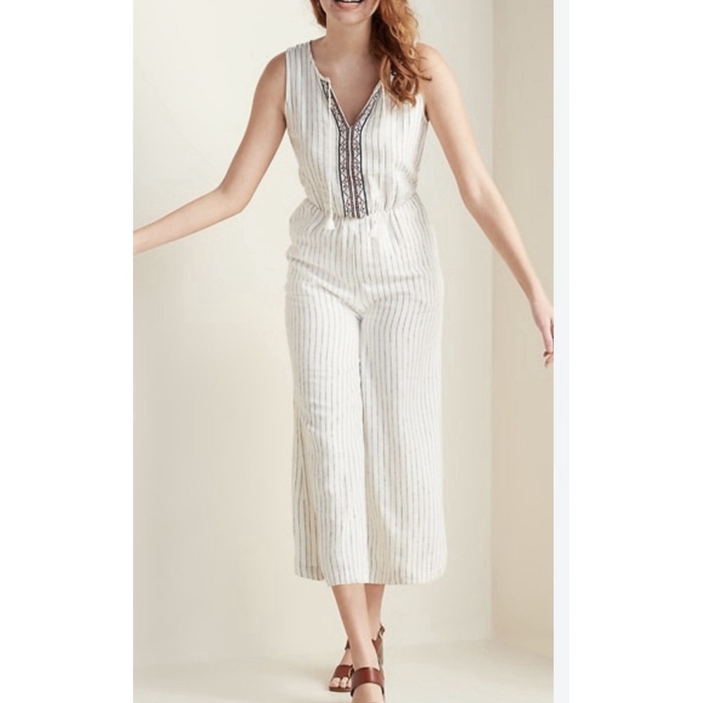 Old Navy Linen Blend Pin Stripe Embroidered Tassel Crop Jumpsuit M Preppy Boho